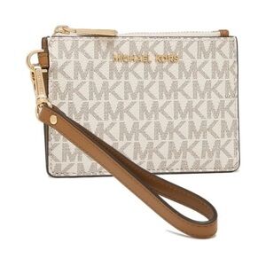 Michael Kors Monogram Cream and Tan Wristlet